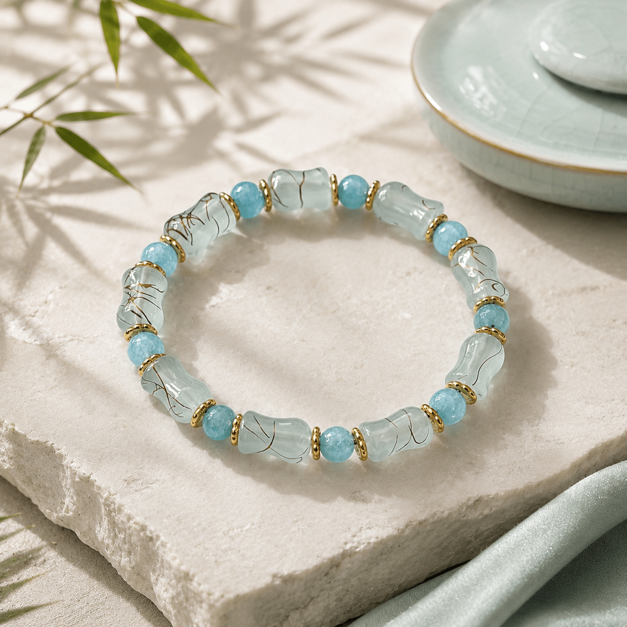 Light Blue Vase Beaded Bracelet, Handmade Vintage Style